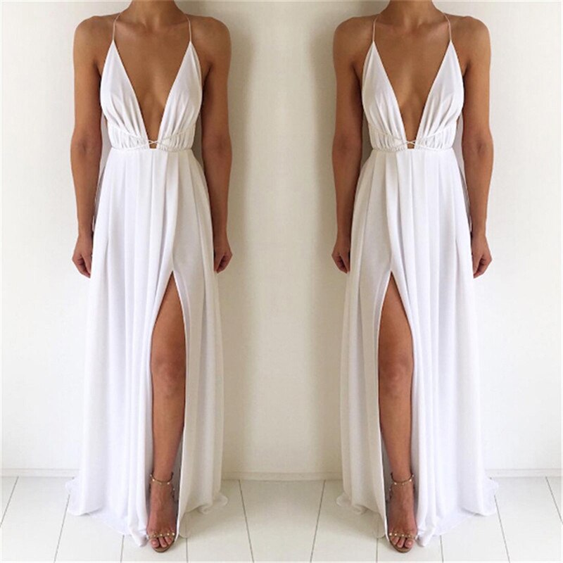 Vestido Longo de Alcinha Com Fenda e Decote V Aberto nas Costas