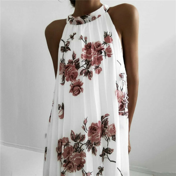 Vestido midi casual floral plissado, sem mangas e com gola alta