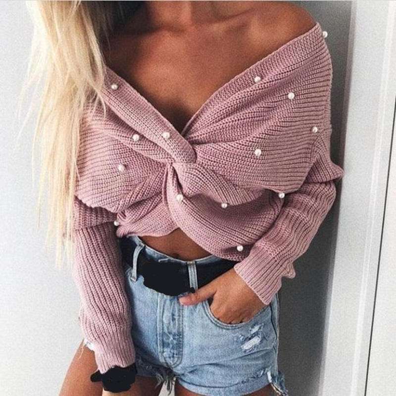 Blusa Solta de Lã Manga Longa com Pérolas