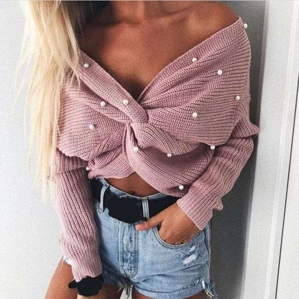 Blusa Solta de Lã Manga Longa com Pérolas