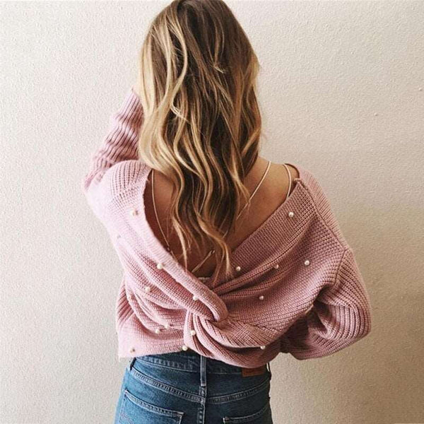 Blusa Solta de Lã Manga Longa com Pérolas