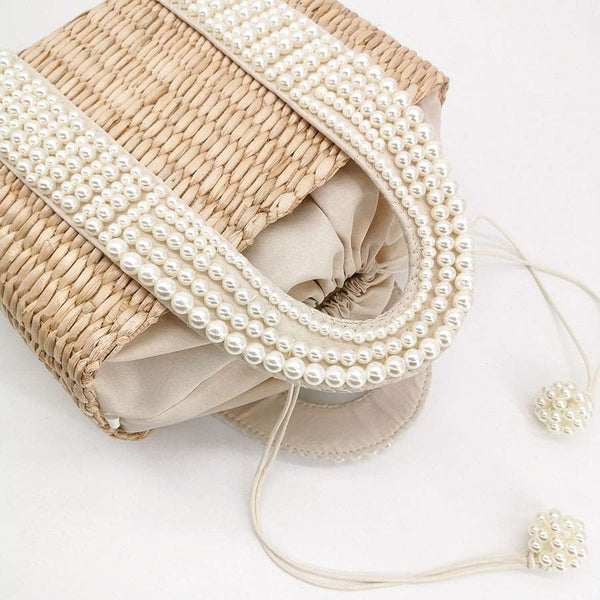 Bolsa Pequena Artesanal de Mão com Palha e Pérolas
