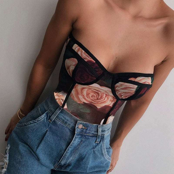 Body em Tule Floral Decote Reto