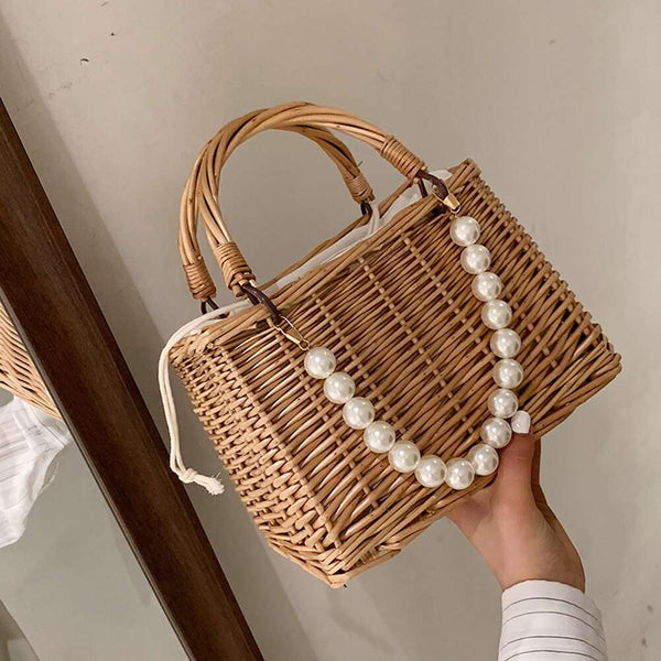 Bolsa Pequena de Mão em Palha com Pérolas Praia