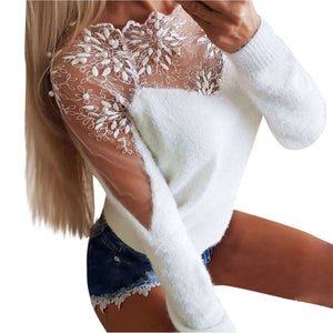 Blusa de Malha Manga Longa com Renda e Bordados
