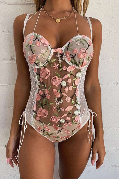 Body de Alcinha Floral Bordado com Tule