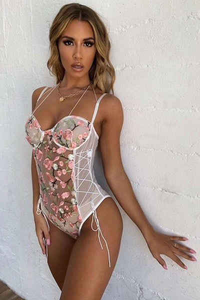 Body de Alcinha Floral Bordado com Tule