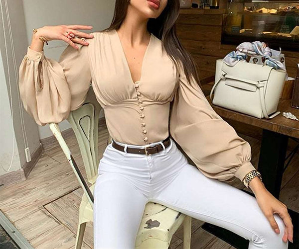 Blusa Manga Longa Bufante Decote V