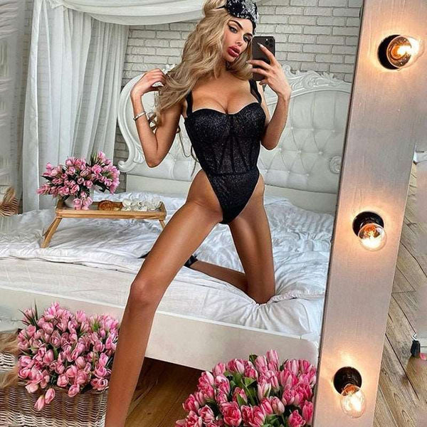 Body de Alcinha em Tule com Glitter Decote Reto