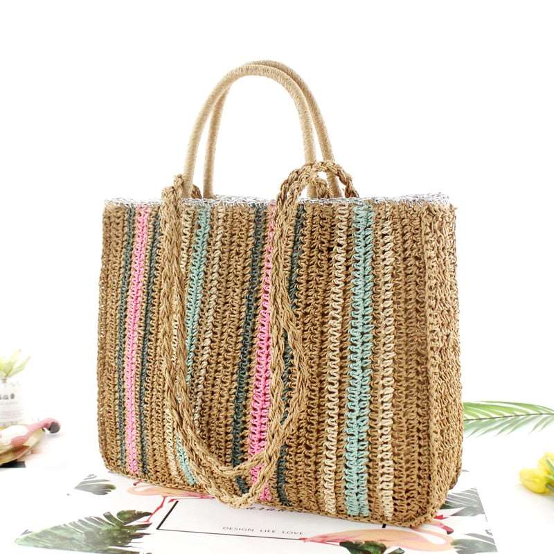 Bolsa Grande de Palha Artesanal Bloco de Cores Listrada Praia