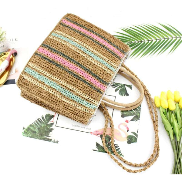 Bolsa Grande de Palha Artesanal Bloco de Cores Listrada Praia