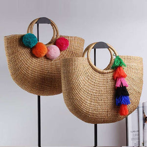 Bolsa de Mão em Palha Decorada com Borlas de Pompom Praia