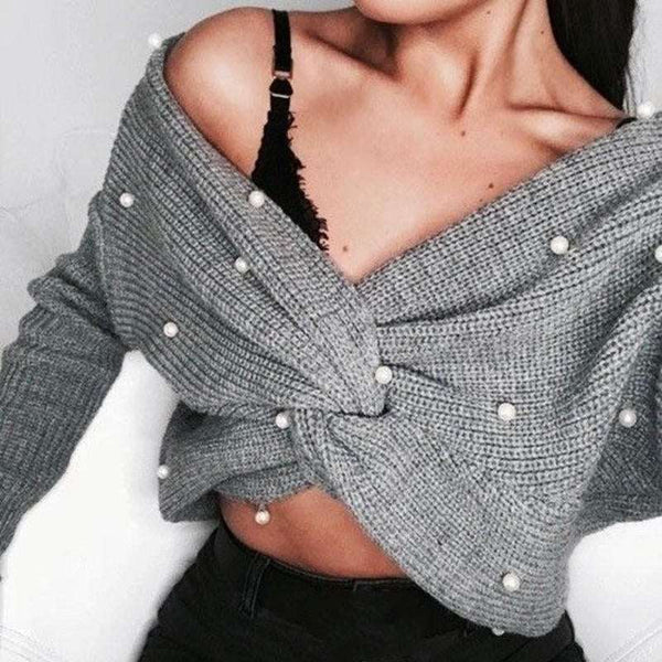Blusa Solta de Lã Manga Longa com Pérolas