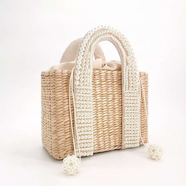 Bolsa Pequena Artesanal de Mão com Palha e Pérolas