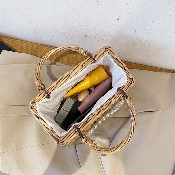 Bolsa Pequena de Mão em Palha com Pérolas Praia