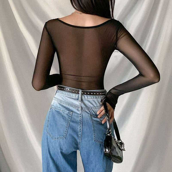 Body Preto Manga Longa em Tule com Cetim