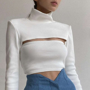 Blusa Cropped Gola Alta e Manga Longa com Recorte
