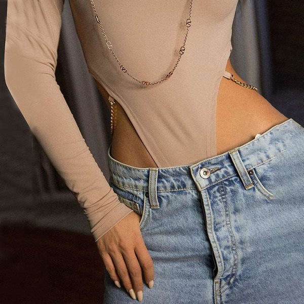 Body Cavado na Cintura Manga Longa Nude