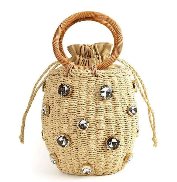 Bolsa Pequena de Mão Artesanal Cesto com Cristais Praia