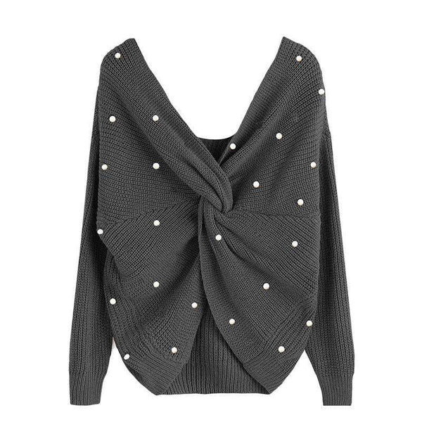 Blusa Solta de Lã Manga Longa com Pérolas