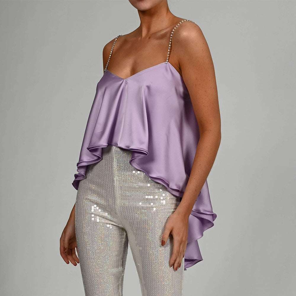 Blusa de Cetim com Decote V Alças de Cristais e Calda