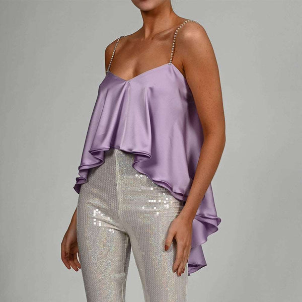 Blusa de Cetim com Decote V Alças de Cristais e Calda