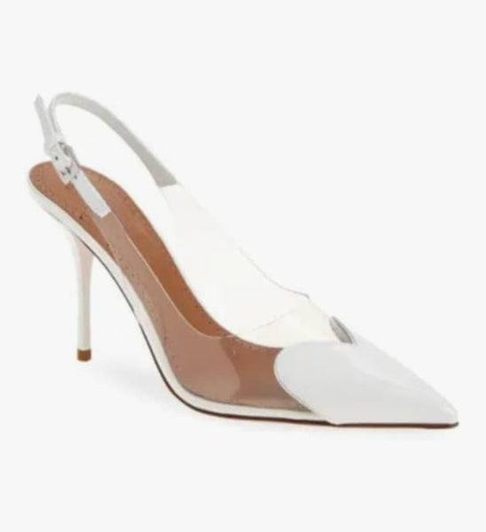 Scarpin Feminino Bico Fino e salto alto Fino, Slingback Verniz Transparente com Coração