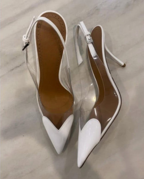 Scarpin Feminino Bico Fino e salto alto Fino, Slingback Verniz Transparente com Coração