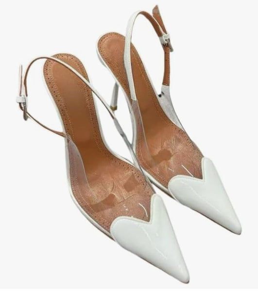 Scarpin Feminino Bico Fino e salto alto Fino, Slingback Verniz Transparente com Coração