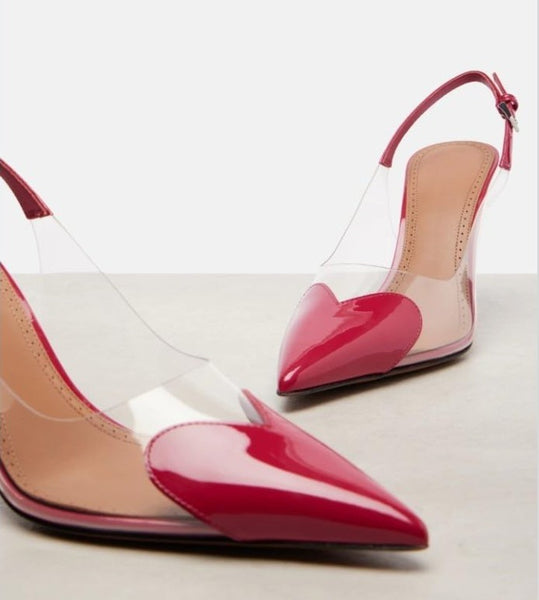 Scarpin Feminino Bico Fino e salto alto Fino, Slingback Verniz Transparente com Coração