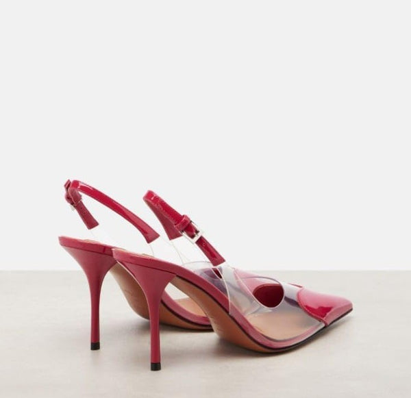 Scarpin Feminino Bico Fino e salto alto Fino, Slingback Verniz Transparente com Coração