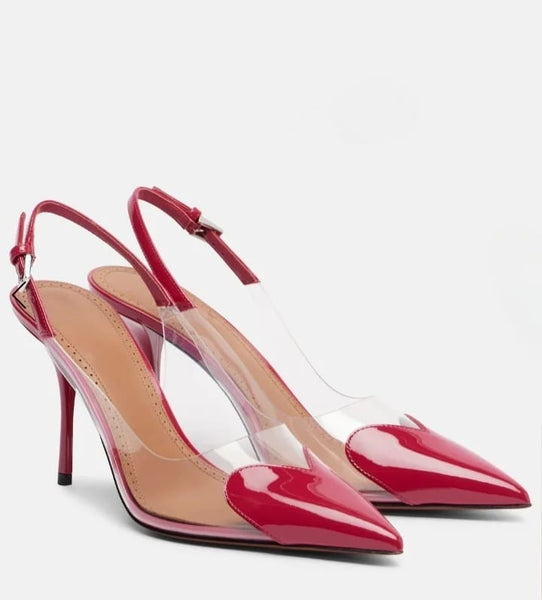 Scarpin Feminino Bico Fino e salto alto Fino, Slingback Verniz Transparente com Coração