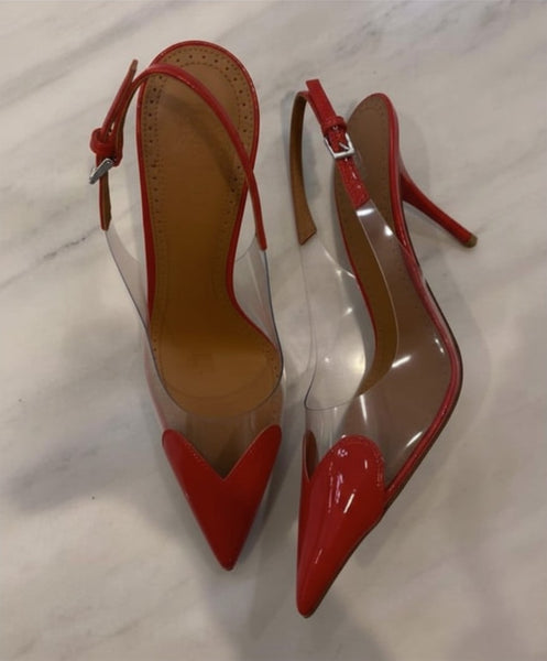 Scarpin Feminino Bico Fino e salto alto Fino, Slingback Verniz Transparente com Coração