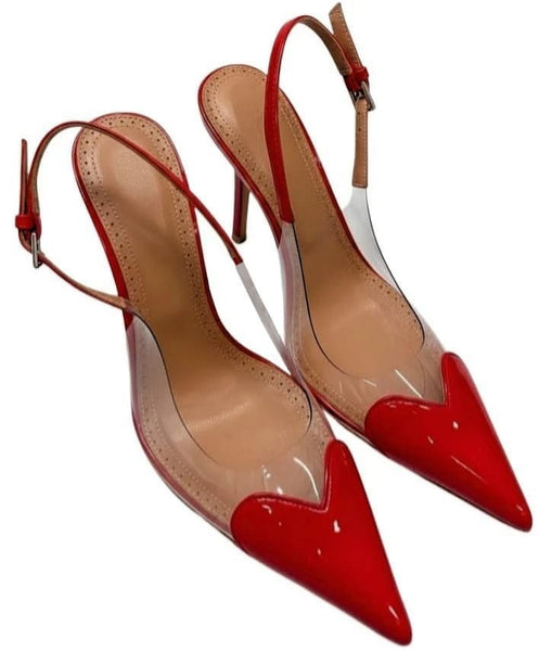 Scarpin Feminino Bico Fino e salto alto Fino, Slingback Verniz Transparente com Coração