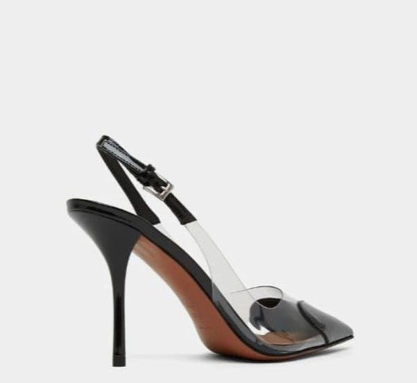 Scarpin Feminino Bico Fino e salto alto Fino, Slingback Verniz Transparente com Coração