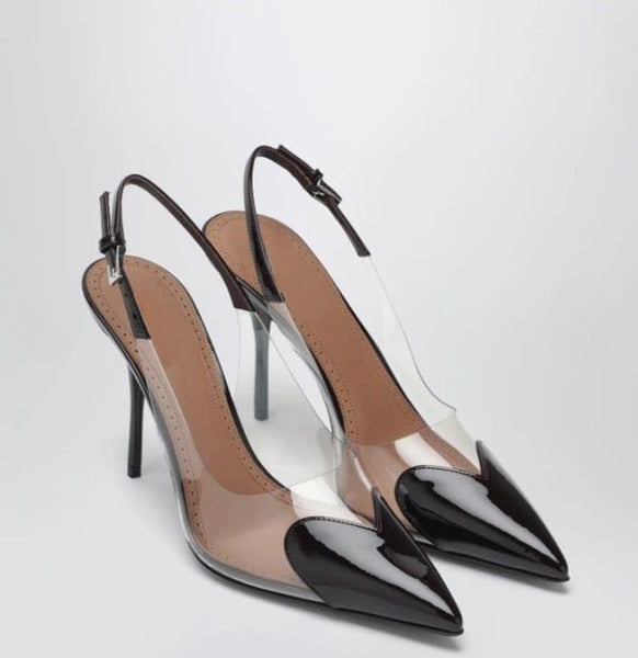 Scarpin Feminino Bico Fino e salto alto Fino, Slingback Verniz Transparente com Coração