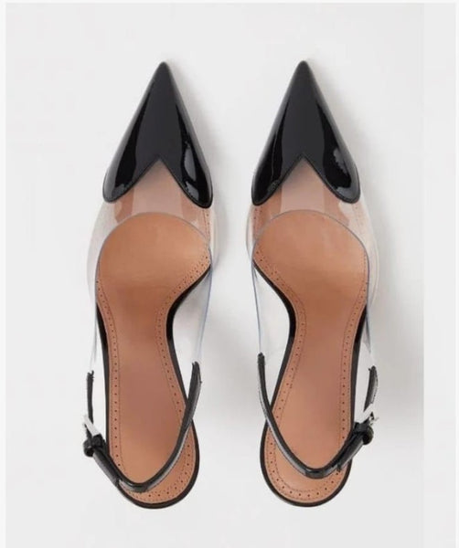 Scarpin Feminino Bico Fino e salto alto Fino, Slingback Verniz Transparente com Coração