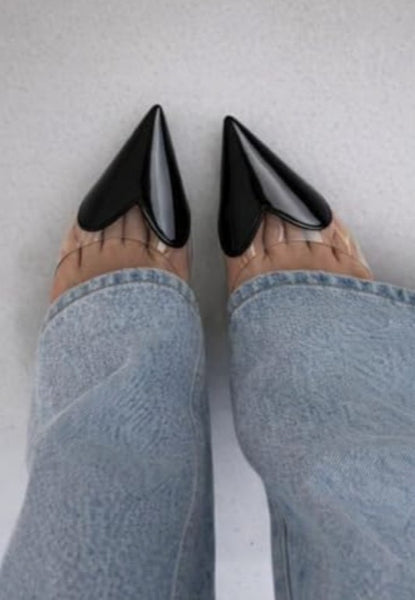 Scarpin Feminino Bico Fino e salto alto Fino, Slingback Verniz Transparente com Coração