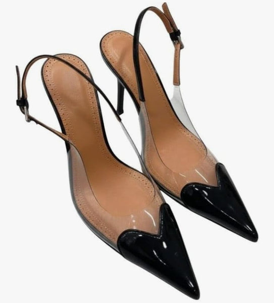 Scarpin Feminino Bico Fino e salto alto Fino, Slingback Verniz Transparente com Coração