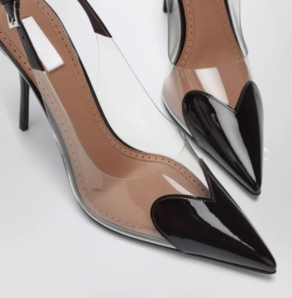 Scarpin Feminino Bico Fino e salto alto Fino, Slingback Verniz Transparente com Coração