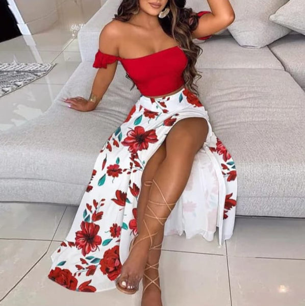 Long Skirt Set with Slit and Off-the-Shoulder Crop Top