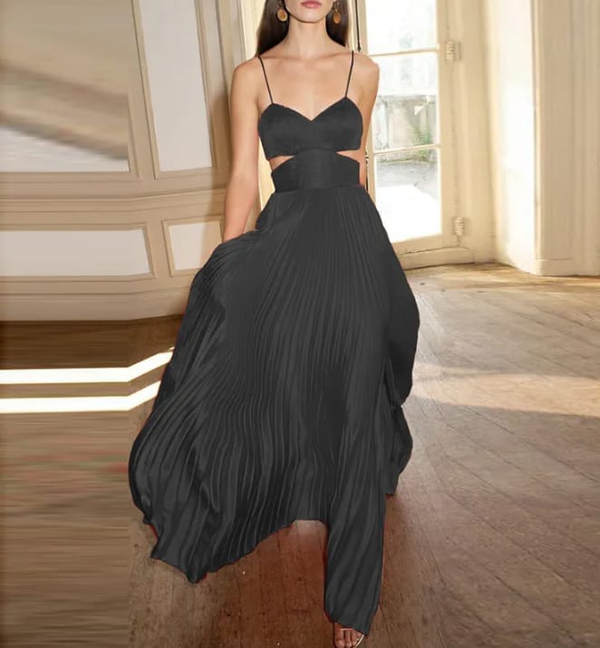 Vestido Longo Plissado Alcinha Decote V