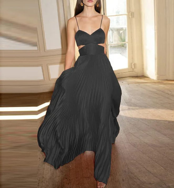 Vestido Longo Plissado Alcinha Decote V