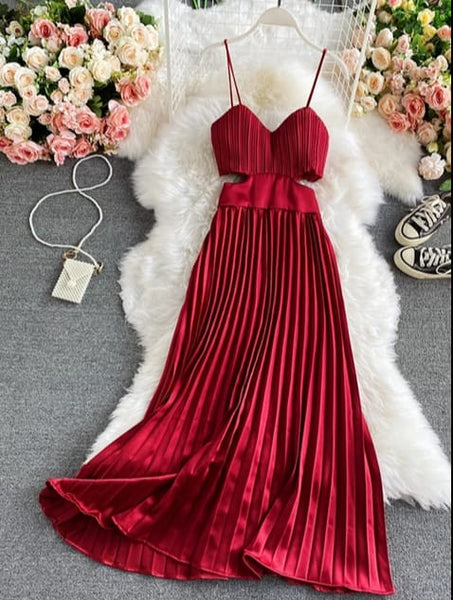 Vestido Longo Plissado Alcinha Decote V