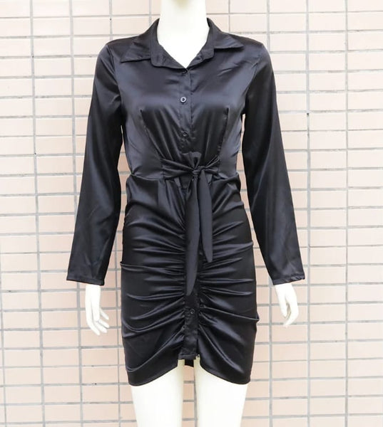 Vestido Midi Justo Drapeado Decote V Manga Longa