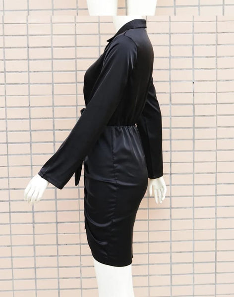 Vestido Midi Justo Drapeado Decote V Manga Longa