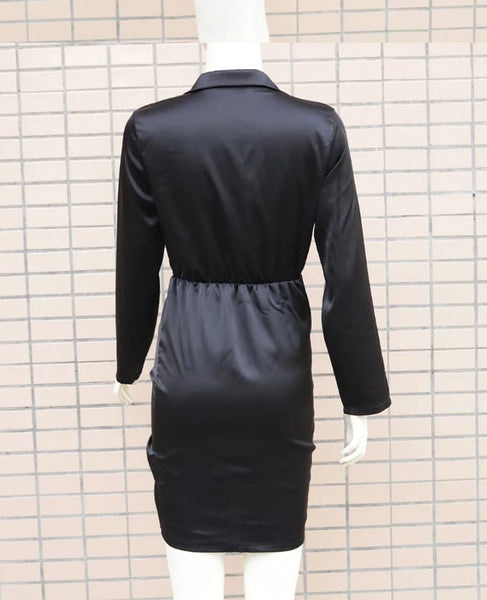Vestido Midi Justo Drapeado Decote V Manga Longa