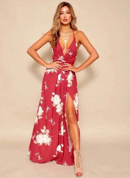 Vestido Longo de Alcinha Com Fenda e Decote V Aberto nas Costas