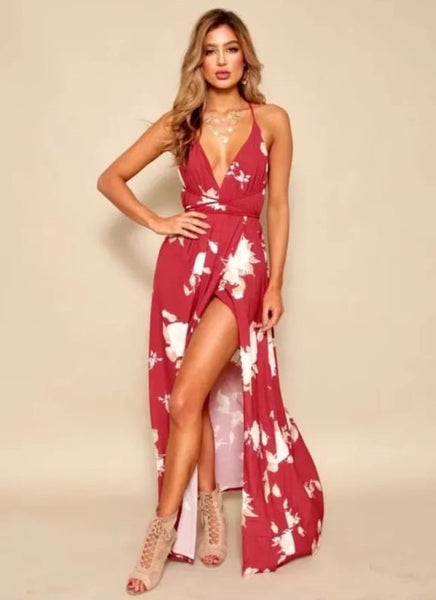 Vestido Longo de Alcinha Com Fenda e Decote V Aberto nas Costas