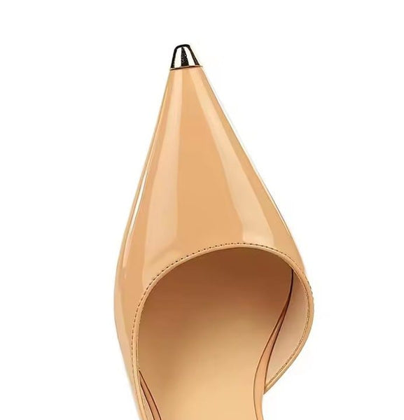 Scarpin Verniz Salto Alto Bico Metálico Dourado e Recorte Lateral 7cm e 10cm